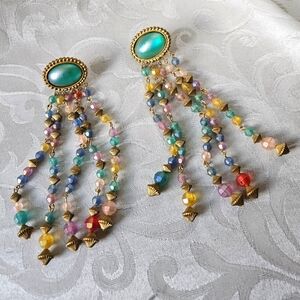 Vintage Runway Blue Aurora Borealis and Gold Plastic Dangle Earrings